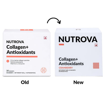 NUTROVA Collagen+Antioxidants Supplement - 30 Sachets of Marine Collagen Powder for Men & Women, Increases Skin Hydration, Reduces Skin Damage, Supports Healthy Skin, Hair & Nails, Cranberry Flavour