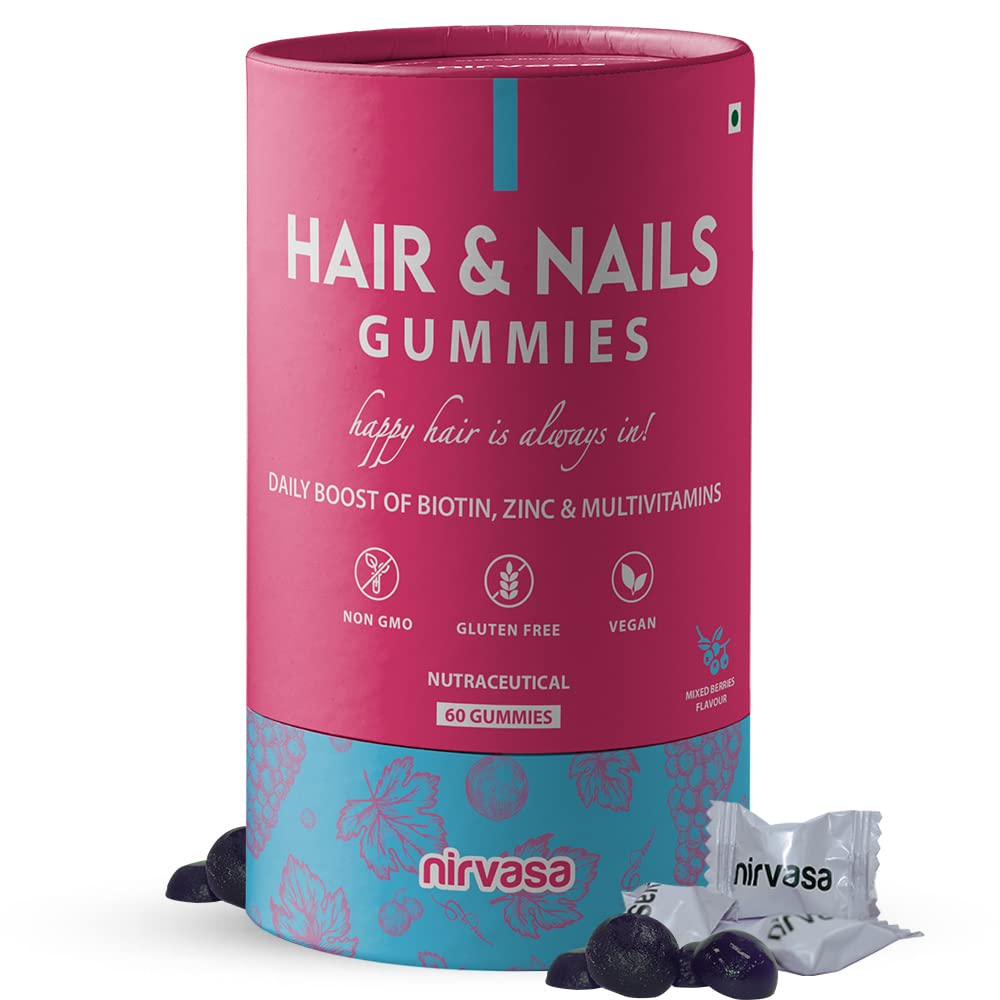 Nirvasa Hair & Nail Gummies with Biotin | Helps Keep Hair, Nail, Skin Healthy & Nourished | Ideal Supplement for Men & Women | Sugar-Free I Mixed Berries Flavoured - 60 Gummies Set of 1