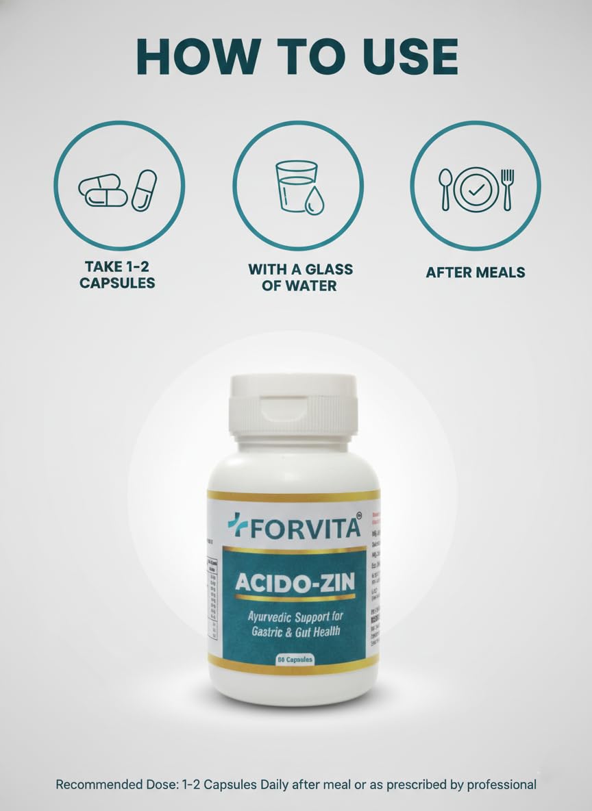 FORVITA Acido-Zin Capsules | Ayurvedic Acidity, Gas & Digestion Support | Active 10:1 Herbal Extracts | Helps Relieve Heartburn, Bloating & Indigestion | 60 Capsules