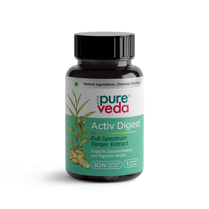 Pureveda Activ Digest - Full Spectrum Ginger Extract Capsule - Natural Digestion Supplement - Improve Gastrointestinal Health - 30 Veg Capsules
