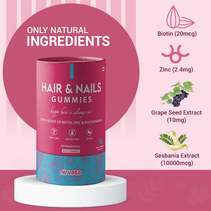 Nirvasa Hair & Nail Gummies with Biotin | Helps Keep Hair, Nail, Skin Healthy & Nourished | Ideal Supplement for Men & Women | Sugar-Free I Mixed Berries Flavoured - 60 Gummies Set of 1