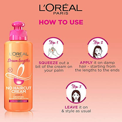 L'Oreal Paris Leave-In Conditioner, Repairs, Protects & Smooths, For Long and Lifeless Hair, Dream Lengths No Haircut Cream, 200ml