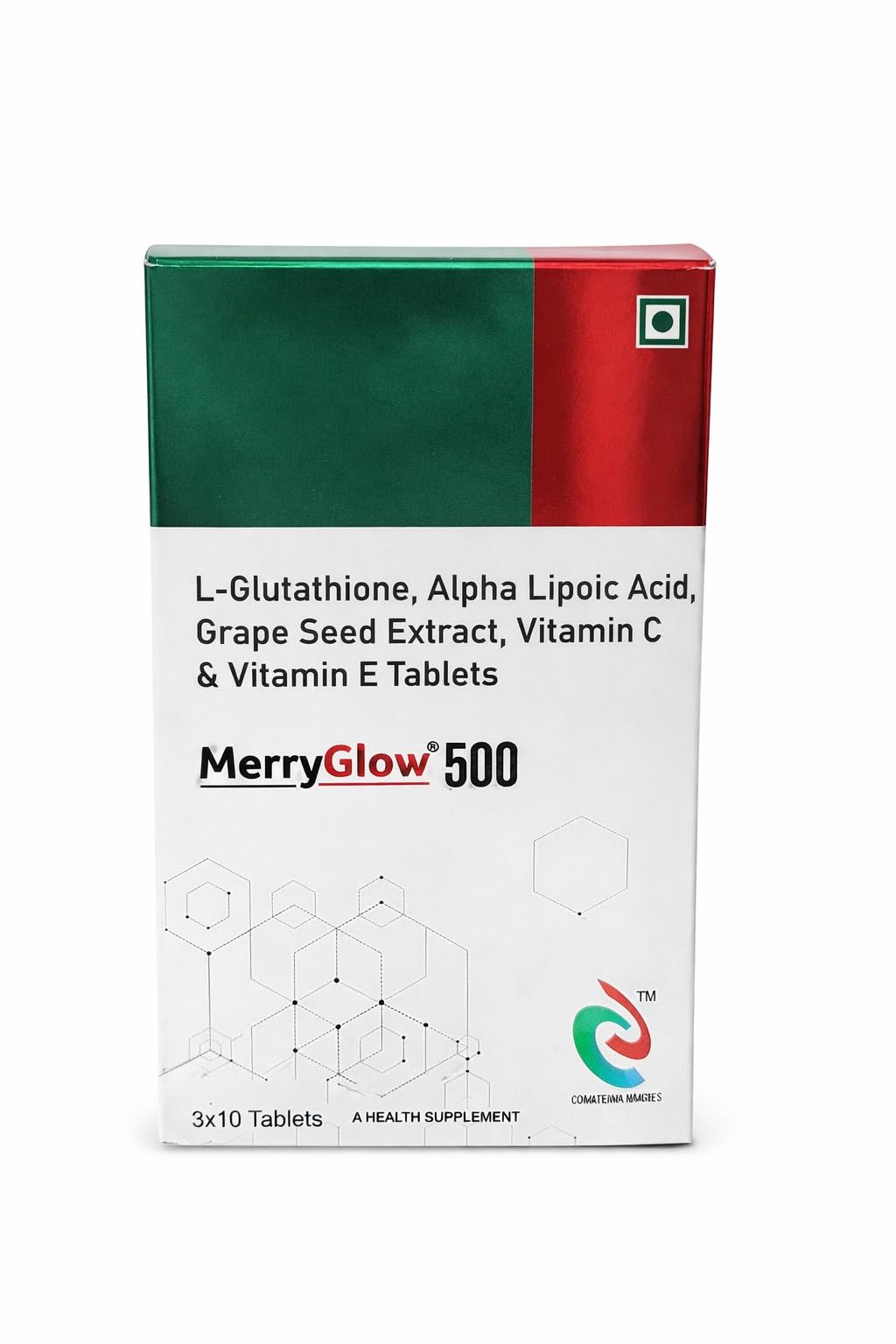 MerryGlow 500 Tablets with L-Glutathione, Alpha Lipoic Acid, Grape Seed Extract, Vitamin C & Vitamin E, 30 Tablets