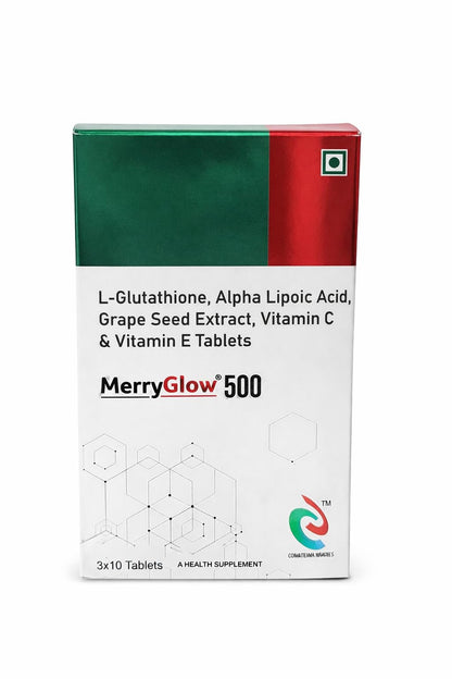 MerryGlow 500 Tablets with L-Glutathione, Alpha Lipoic Acid, Grape Seed Extract, Vitamin C & Vitamin E, 30 Tablets