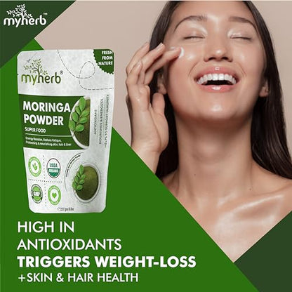 MYHERB Organic Moringa Powder | 227 gm/0.5 Lbs | Ayurvedic Support For Holistic Wellness | Herbal Supplement | Rich In Antioxidants |Good For Digestion, Energy, Immunity, Weight Loss For Men And Women