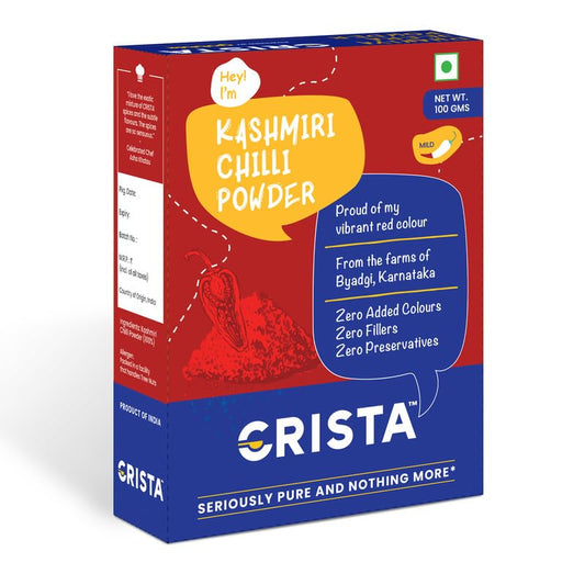 CRISTA Kashmiri Chilli Powder | Laal Mirch Powder with Natural Oils | Zero added Colours, Fillers, Additives & Preservatives | Mild Spicy Grade | Vibrant Red Colour | 100 gms