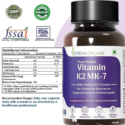 Viteva Organic Vitamin K2 MK7 100 Percent Vegetarian Capsules With MCT Powder For Bone Strength Vitamin K2 Support Calcium Absorption Multi Vitamin Supplement For Men And Women (120 Count)