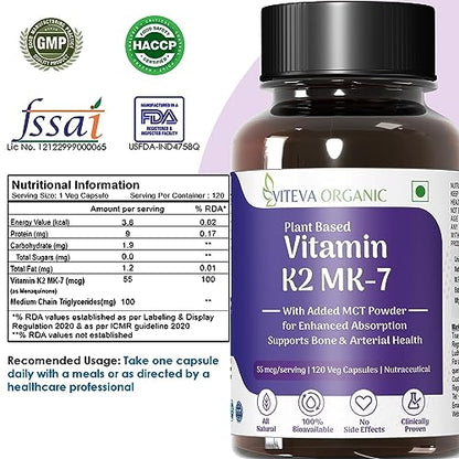 Viteva Organic Vitamin K2 MK7 100 Percent Vegetarian Capsules With MCT Powder For Bone Strength Vitamin K2 Support Calcium Absorption Multi Vitamin Supplement For Men And Women (120 Count)