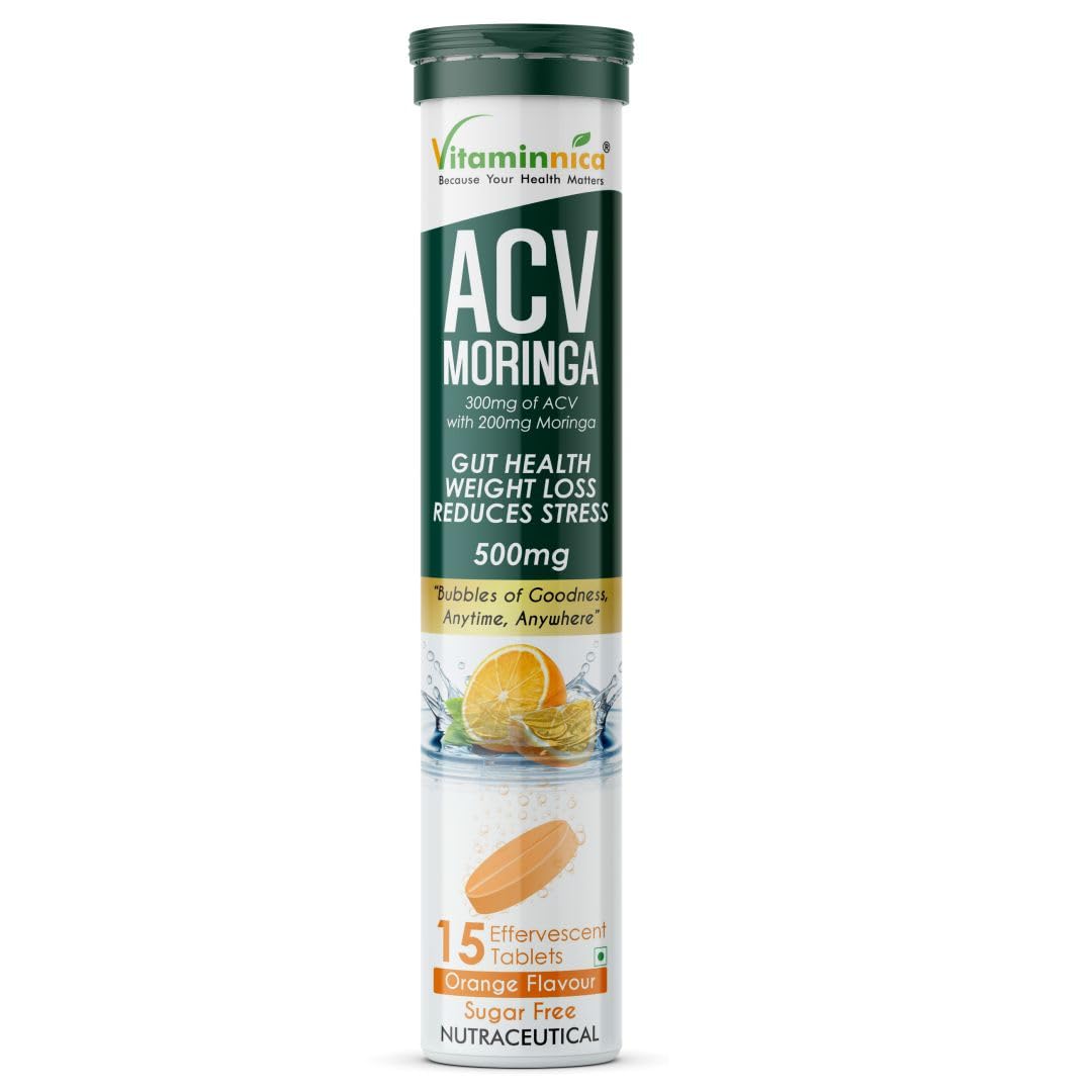Vitaminnica ACV Moringa Effervescent Tablets | Controls Cravings, Supports Gut Health & Weight Management | Reduces Stress | Sugar Free Wellness Drink | Orange Flavour | 15 Tablets (Pack of 1)