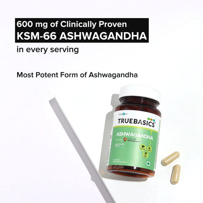 TrueBasics Ashwagandha, 600mg of KSM 66 Ashwagandha (60 Capsules) | With Clinically Researched Ingredients | Energy and Immunity Booster