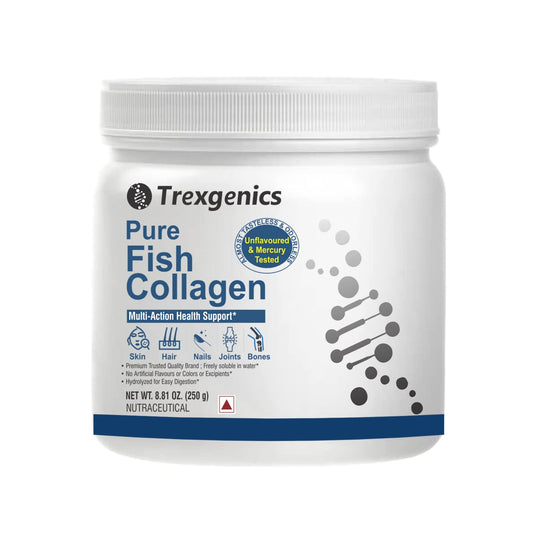 Trexgenics PURE FISH COLLAGEN Unflavoured, Mercury Tested, Almost Odorless & Tasteless Skin, Hair, Nails, Joint & Bone Support (250 gram) (Pack of 1)