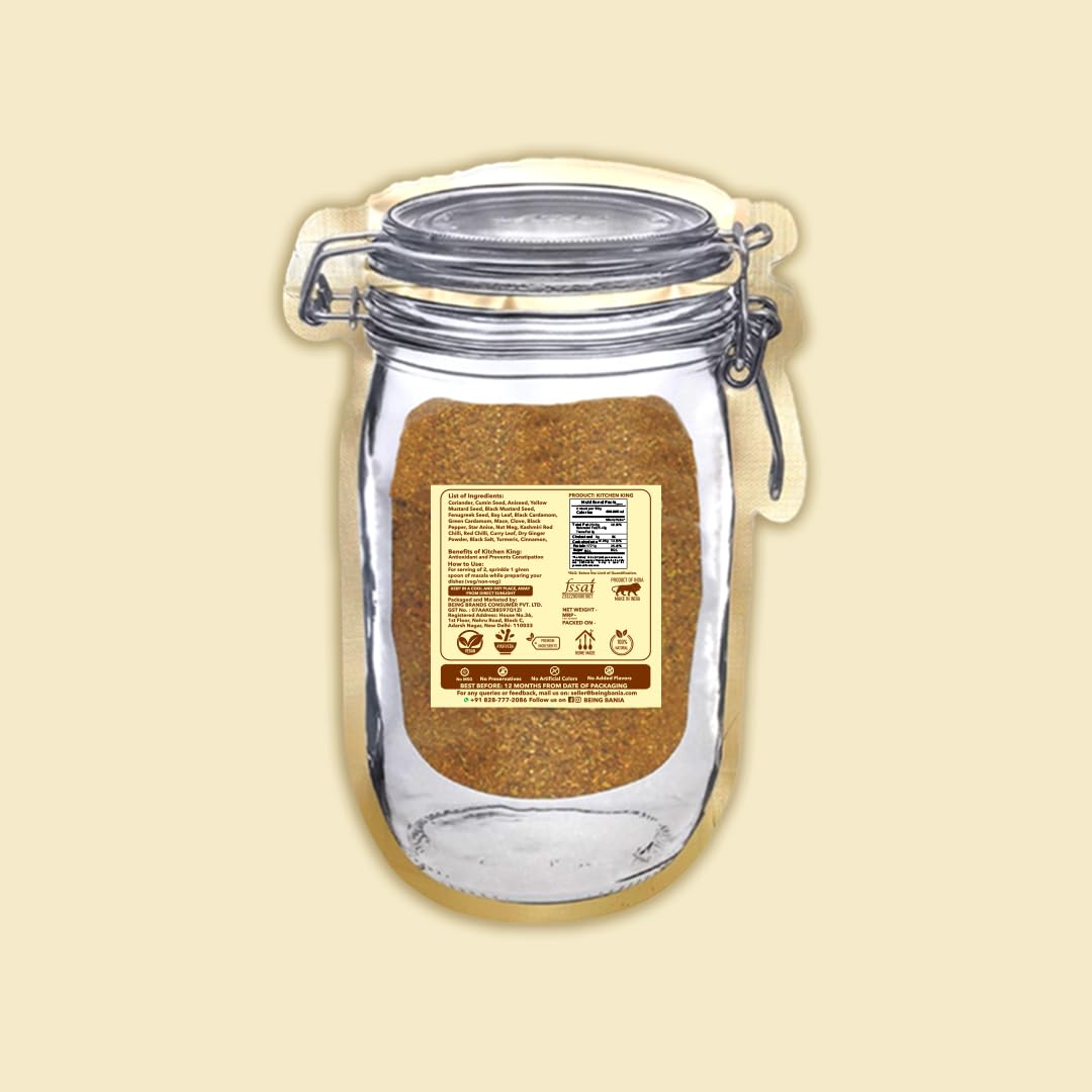 Being Bania Kitchen King Masala Pouch, 100 Gms | 100% Natural |natural Jain Masala No garlic or onion | | No Added Flavors or Preservative | For Healthy Routine | Promote Digestion & Gut Health | Exotic Indian Spices | Indian Masala