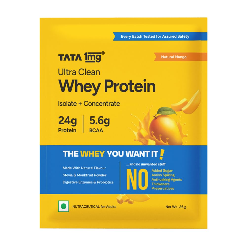 Tata 1mg Ultra Clean Whey Protein Isolate + Concentrate - Natural Mango 36g | 24g Protein, 5.6g BCAA & 30B CFU Probiotics-1 Sachet