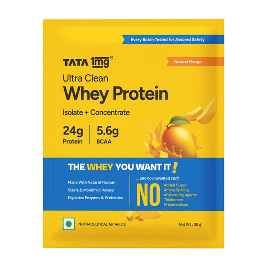Tata 1mg Ultra Clean Whey Protein Isolate + Concentrate - Natural Mango 36g | 24g Protein, 5.6g BCAA & 30B CFU Probiotics-1 Sachet