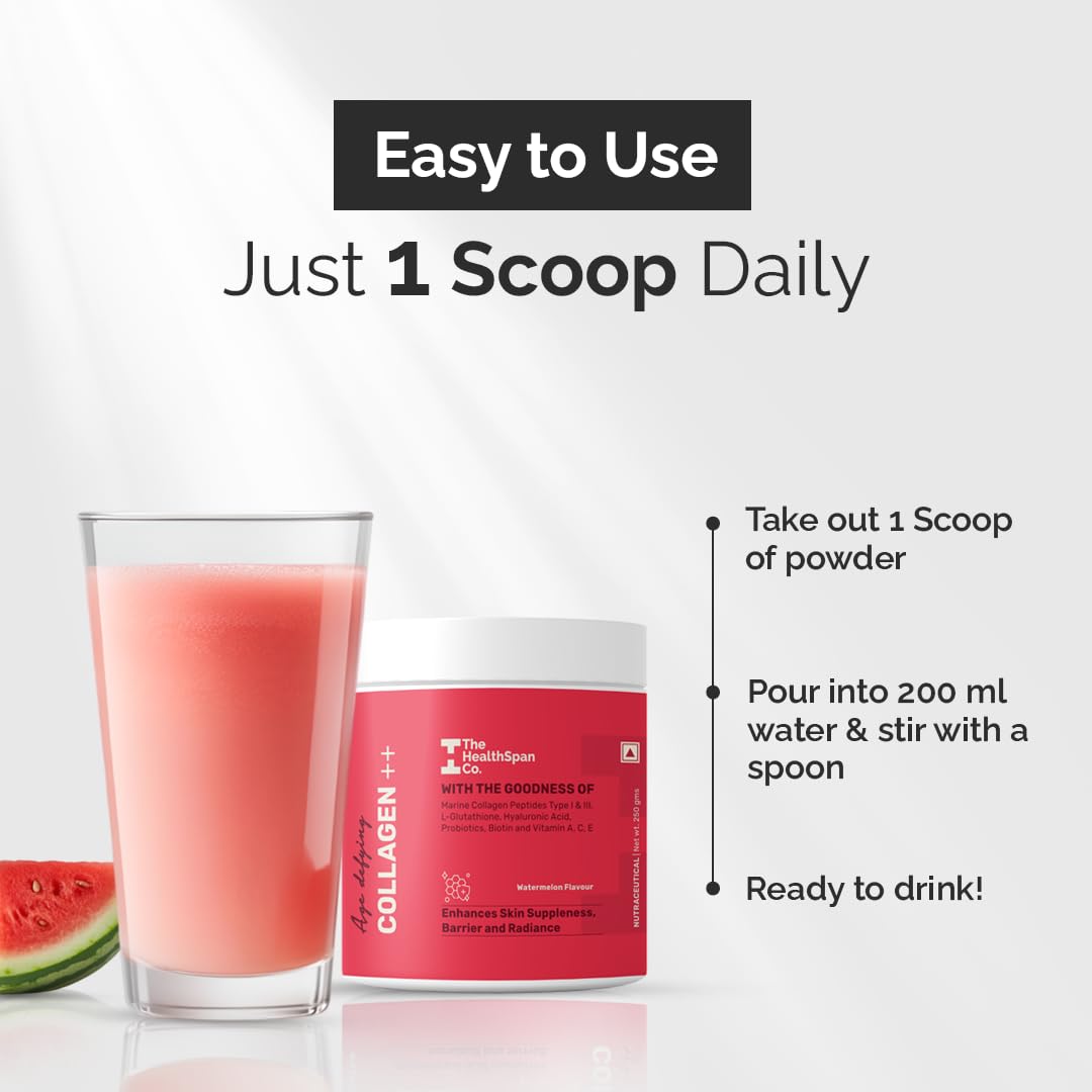 The Healthspan Co. Pure Korean Marine Collagen Powder for Women & Men 250g | For Skin, Hair, Bones & Joints | Collagen Peptides, Glutathione & Hyaluronic Acid Powder | Watermelon | 25 Serves