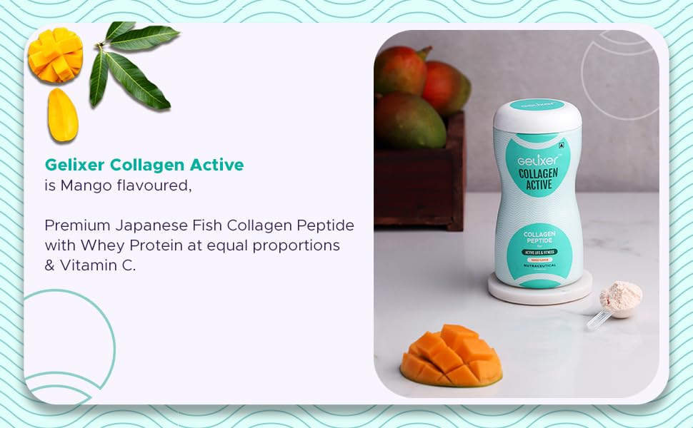 GELIXER Collagen Active (250 gm), Japanese Marine Collagen Peptide with Whey Protein (Mango Flavored) Rich In Protein for Active Lifestyle, Fitness & Glow