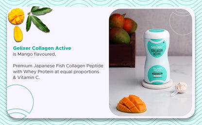 GELIXER Collagen Active (250 gm), Japanese Marine Collagen Peptide with Whey Protein (Mango Flavored) Rich In Protein for Active Lifestyle, Fitness & Glow