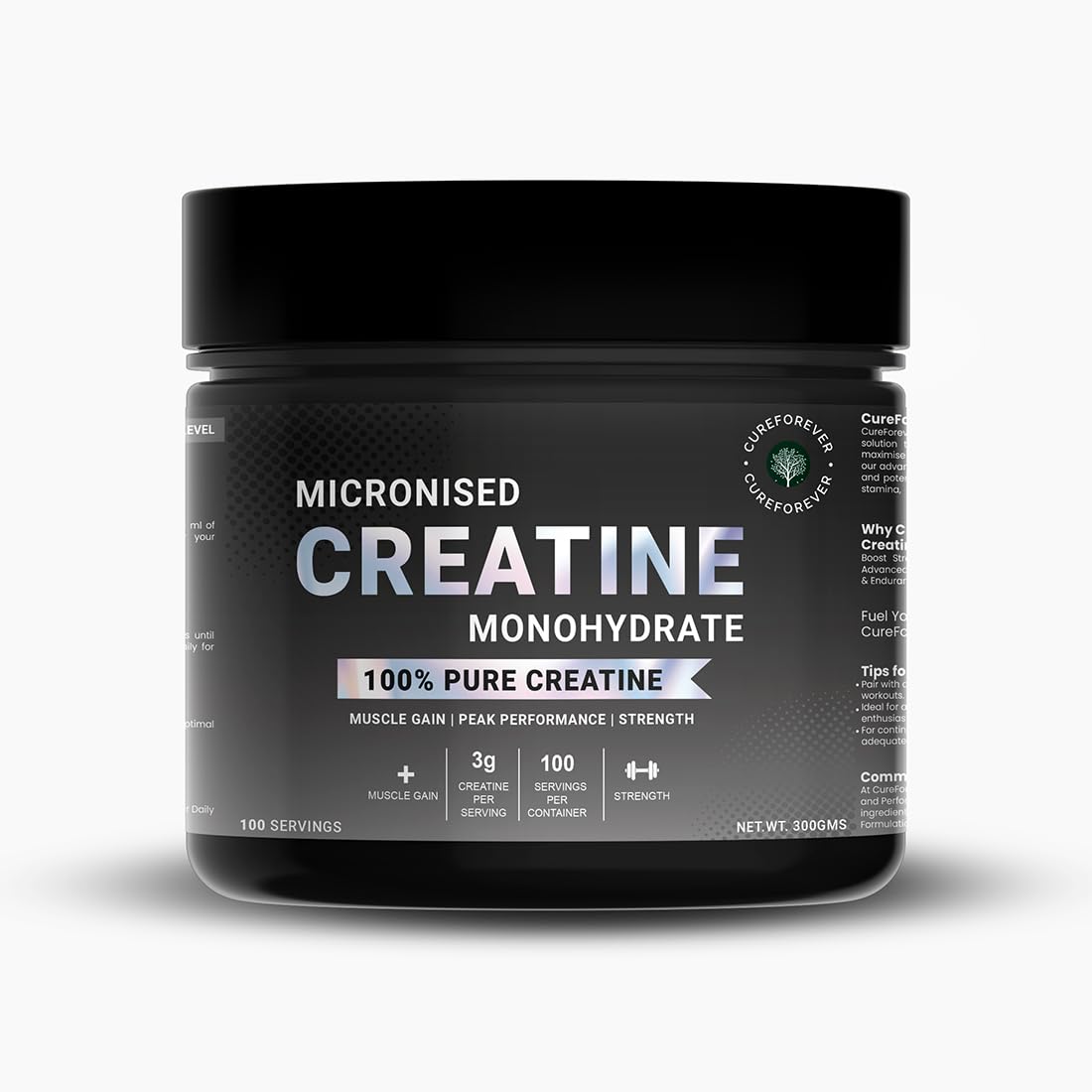 CUREFOREVER Creatine Monohydrate Powder – Unflavoured, 100 Servings, Micronized Pre-Workout Supplement for Muscle Strength, Power, Size, Endurance & Faster Recovery – 300g Pack