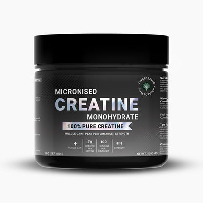 CUREFOREVER Creatine Monohydrate Powder – Unflavoured, 100 Servings, Micronized Pre-Workout Supplement for Muscle Strength, Power, Size, Endurance & Faster Recovery – 300g Pack