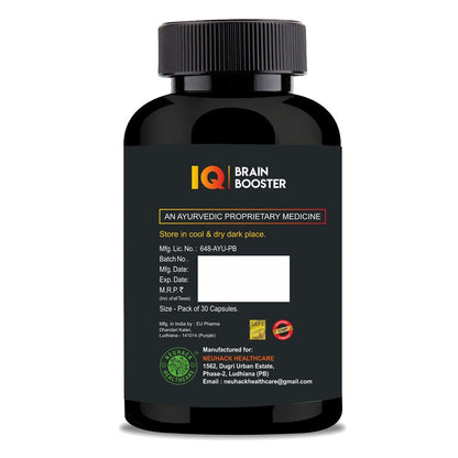 Neuhack IQ Brain Booster Memory Support Supplement with Brahmi, Ashwagandha, Shatavari & Jatamansi Ayurvedic - 30 Capsules