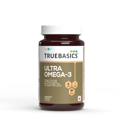 TrueBasics Ultra Omega 3 Fish Oil (90 Capsules) | Triple Strength with 1150mg Omega 3, 525mg EPA & 375mg DHA | For Heart, Joints & Brain Health