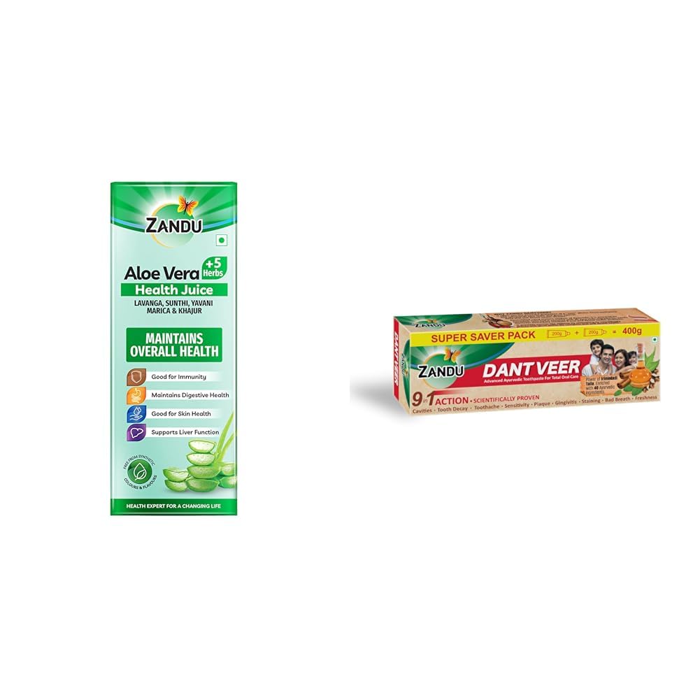 Zandu Aloe Vera + 5 Herbs Health Juice | Ayurvedic Immunity Booster | Good for Digestive Health, S | Zandu Dantveer, 400g, India’s 1st Ayurvedic toothpaste with Irimedadi oil | Scientifically proven
