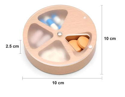 Wooden Pill Organizer Medicine Holder Tablet Box Daily Pill Case Weekly Pill Box Round Pill Dispenser with Rotating Lid Compartment Storage Vitamin Supplement Container Portable Eco Friendly Natural Wood Health Care Organizer for Home Travel Senior Care (