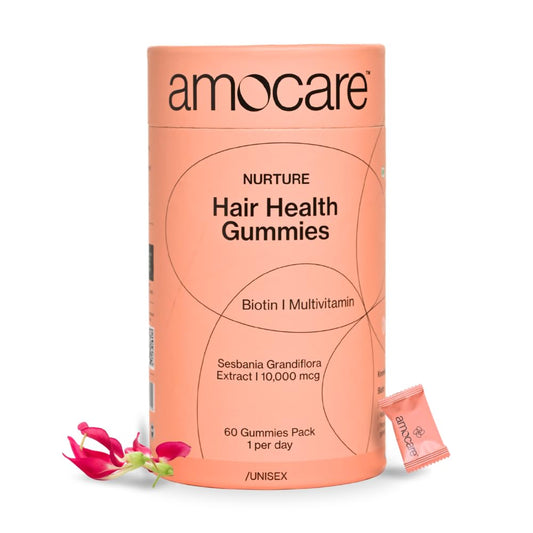 Amocare Biotin Hair Gummies (60 Gummies) | For Healthy Hair, Nails and Skin | With Biotin, Zinc, Vitamin B12, E, D2 and Calcium | Strawberry Flavour | Vegan and Gluten Free
