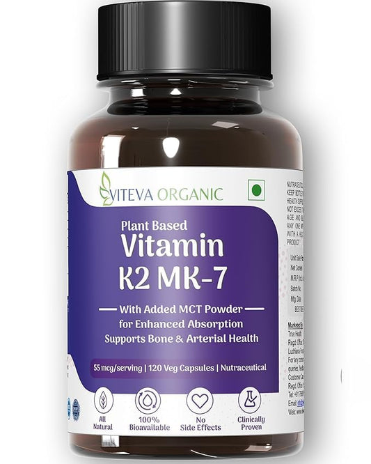 Viteva Organic Vitamin K2 MK7 100 Percent Vegetarian Capsules With MCT Powder For Bone Strength Vitamin K2 Support Calcium Absorption Multi Vitamin Supplement For Men And Women (120 Count)