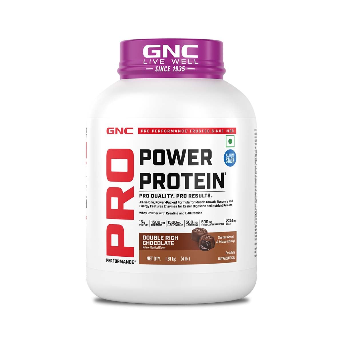GNC Pro Performance Power Protein | 4 lbs/1.81 Kg | 6 In One Stack | 1500 Mg Creatine| No Added Sugar| 2744 MG BCAA | Informed Choice Certified | 30g Protein | 2.2g L-Glutamine | Energy Features Enzymes For Better Digestion | Double Rich Chocolate| Formul