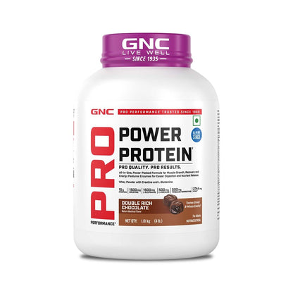GNC Pro Performance Power Protein | 4 lbs/1.81 Kg | 6 In One Stack | 1500 Mg Creatine| No Added Sugar| 2744 MG BCAA | Informed Choice Certified | 30g Protein | 2.2g L-Glutamine | Energy Features Enzymes For Better Digestion | Double Rich Chocolate| Formul