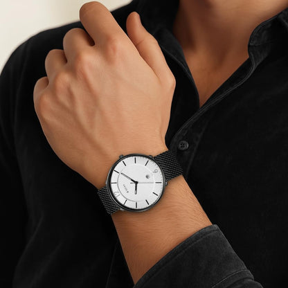 Titan Minimalist Quartz Analog with Date White Dial Black Stainless Steel Strap Watch for Men - NT1849NM01