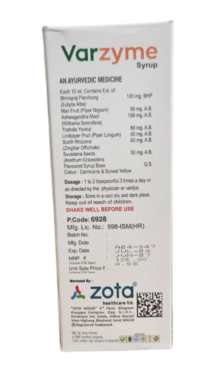 Varzyme Ayurvedic Enzyme Syrup for Apetite Health and Wellness - 200 ml pack of 2