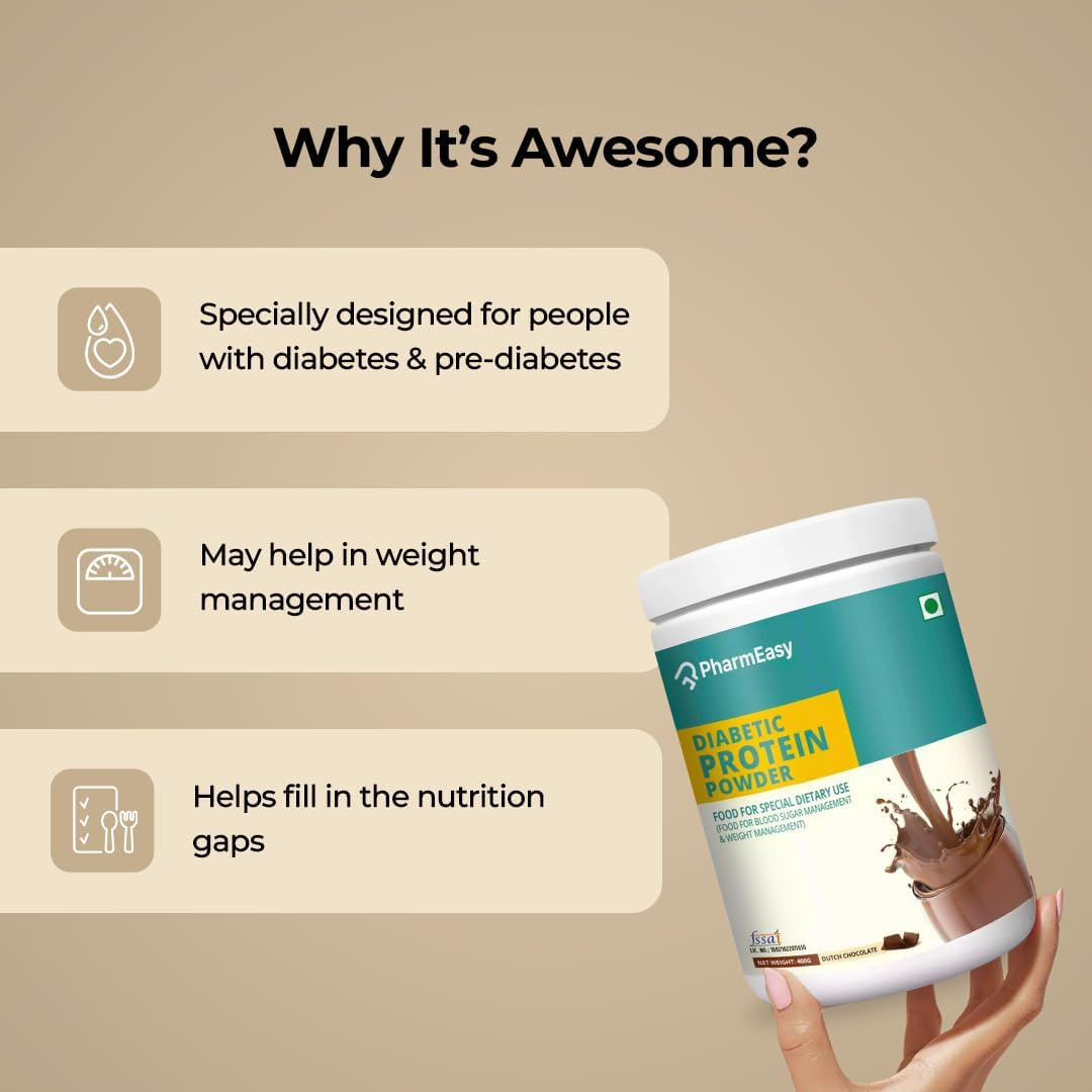 PharmEasy Diabetic Protein Powder - 400g | 2X Calcium, Magnesium and Zinc | Protein Intake Twice Daily for Supporting Sugar Levels & Weight Balance | No Added Sugar | Dutch Chocolate Flavor