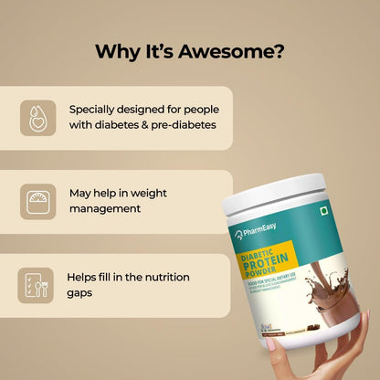 PharmEasy Diabetic Protein Powder - 400g | 2X Calcium, Magnesium and Zinc | Protein Intake Twice Daily for Supporting Sugar Levels & Weight Balance | No Added Sugar | Dutch Chocolate Flavor