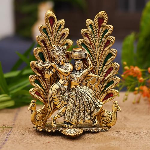 Collectible India Peacock Design Radha Krishna Idol Showpiece with Diya for Puja