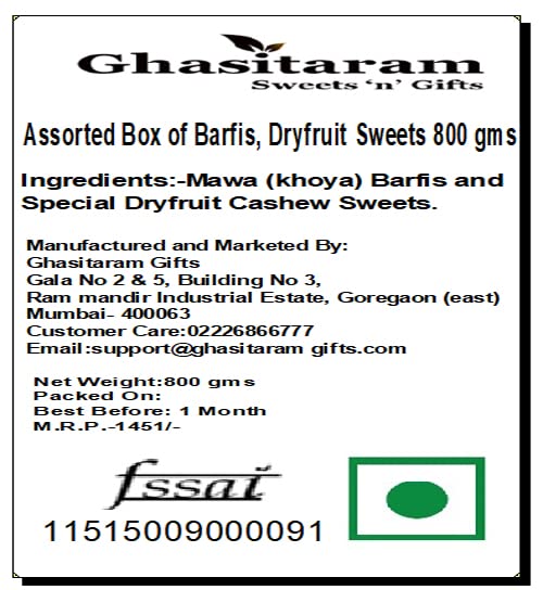 Ghasitaram Gifts Assorted Box of Barfis, Dryfruit Sweets 800 GMS |Sweets|Sweets Gift Pack|Diwali Sweets|Indian Mithai|Diwali Sweets Gift Box|