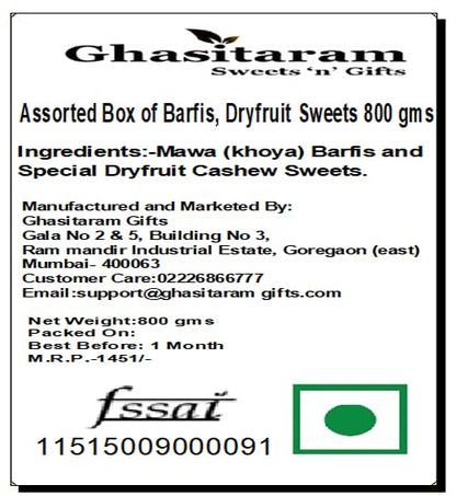 Ghasitaram Gifts Assorted Box of Barfis, Dryfruit Sweets 800 GMS |Sweets|Sweets Gift Pack|Diwali Sweets|Indian Mithai|Diwali Sweets Gift Box|