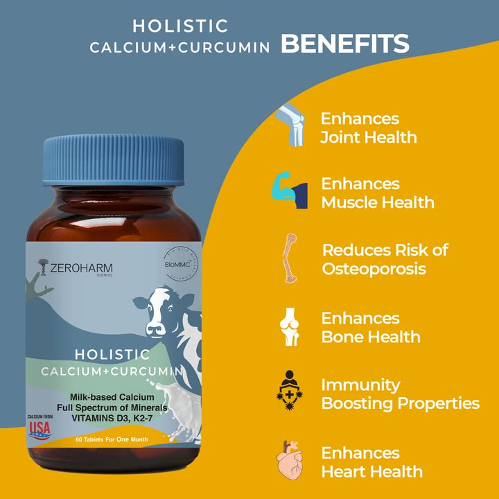 Holistic Calcium and Curcumin - Improves Joint Health, Strengthens Bones & Muscles - Boosts Immunity & Heart Health (60 Tablets)