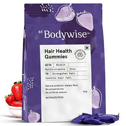 Be Bodywise Biotin Hair Gummies for Stronger, Shinier Hair & Nails | 90 Day Pack | High Potency Biotin, Zinc, Folic Acid, Fibre & Multivitamins | Strawberry Flavour | No Added Sugar, Gut Friendly