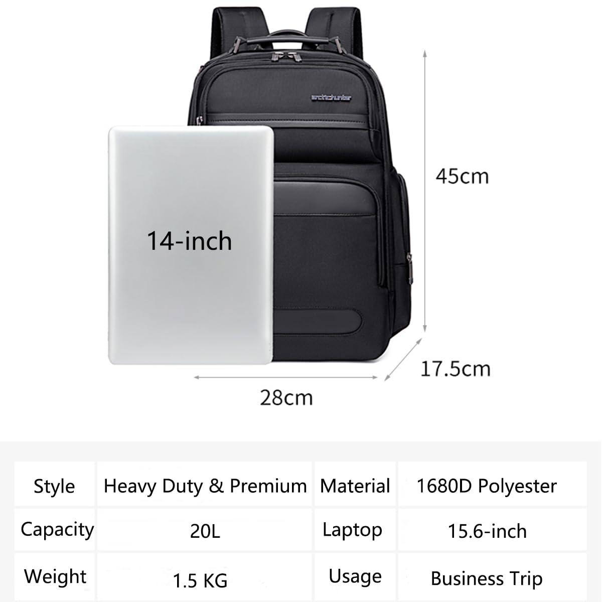 Arctic Hunter Premium Backpack with Shockproof Laptop Compartment 20L Heavy Duty Padded 1680D Polyester Multiple Pockets Smart Organizer Water/Scratch Resistant