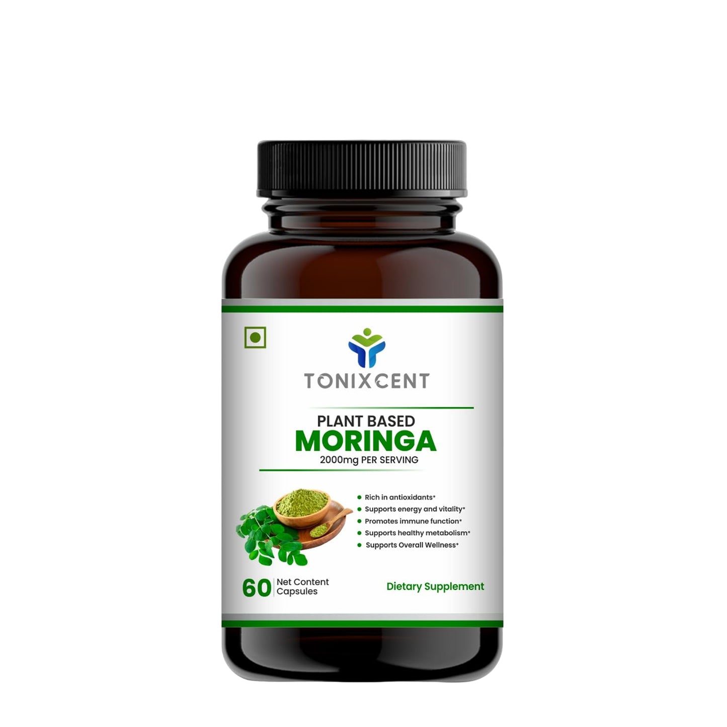 TONIXCENT Moringa Capsules 2000mg Per Serving, 100% Plant Based Drumstick Leaf Powder, Rich in Natural Nutrients & Antioxidants, Daily Wellness Support Capsules for Energy & Immunity, 60 Veg Capsules