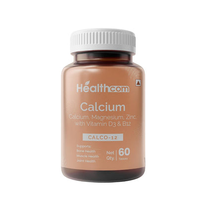 Healthcom Nutra CALCO-12 Calcium 60 Tablets Pack | Magnesium, Zinc With Vitamin D3 & B12 Capsule for Men & Women | For Stronger Bones, Immunity Improves Joints & Muscles Metabolism
