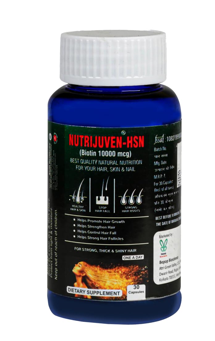 Nutrijuven I HSN I Biotin 10000 mcg I Helps Control Hair Fall I Helps Strong Hair Follicles I For Strong I Thick & Shiny Hair I One a Day I Dietary Supplement I 30 Capsules Pack of 5
