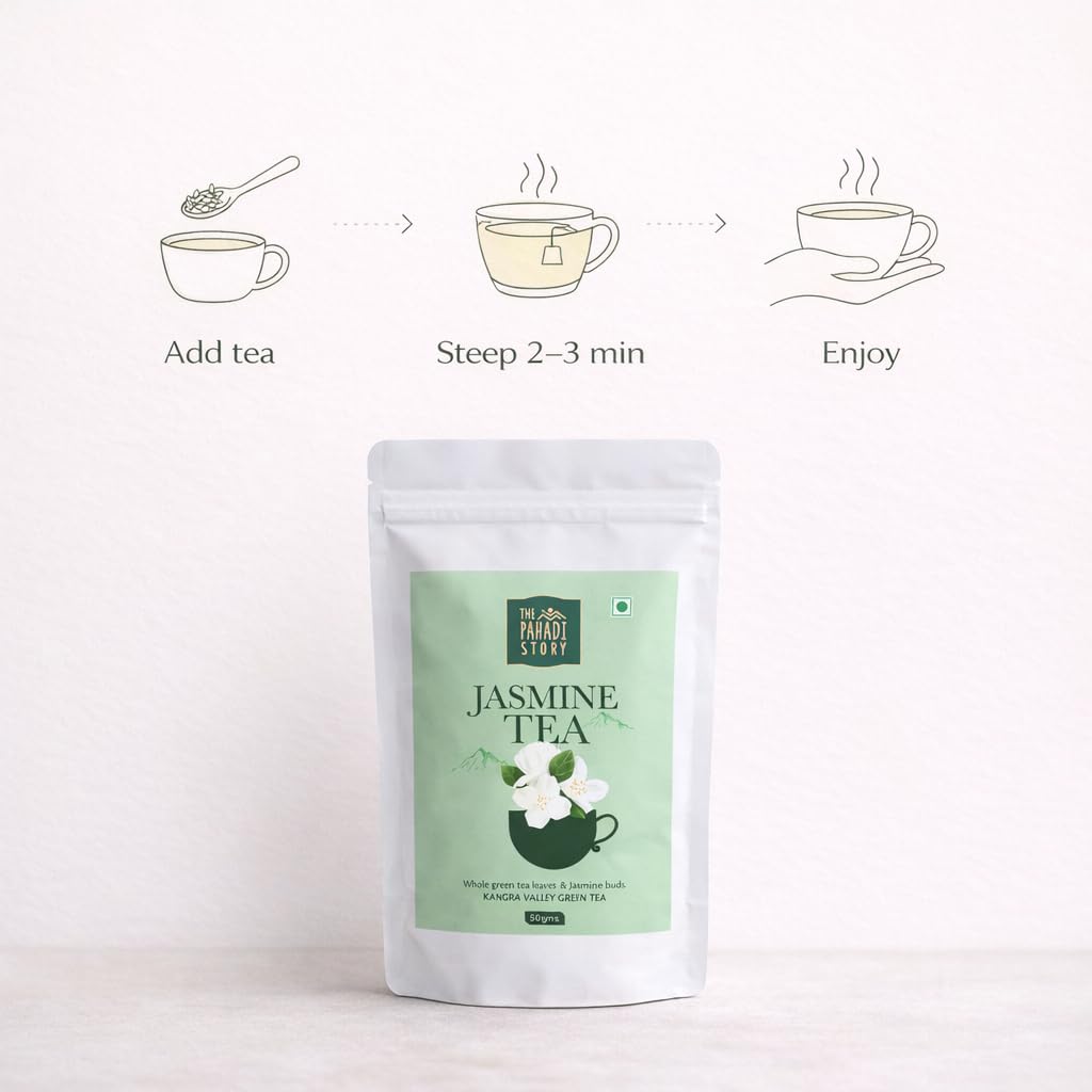 The Pahadi Story Jasmine Tea 50gm Natural Dried Jasmine Flowers With Green Tea Leaf For Weight Management, Healthy Heart and Good Oral Health, Antioxidant Herbal Green Tea