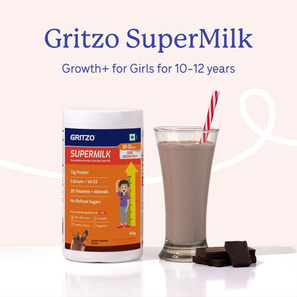 Gritzo SuperMilk Growth+ (Formerly Height+) (10-12y Girls), 12g Protein Powder (Double Chocolate, 400g) | Zero Refined Sugar, 20 Vitamins & Minerals