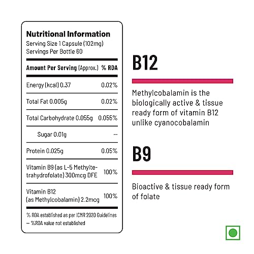 Unived Basics B12+Folate | Vitamin B12 (Methylcobalamin) with 5-MTHF BioAvailable Folate | Essential for Vegan & Vegetarians | 60 Vegan Capsules