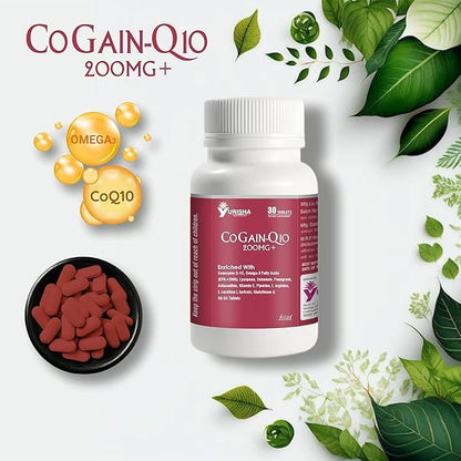 Yurisha Healthcare CoGain-Q10 Dietary Supplement | 30 Tablets with Coenzyme Q-10 and Omega-3 Fatty Acids (PACK of 2) (200MG+)