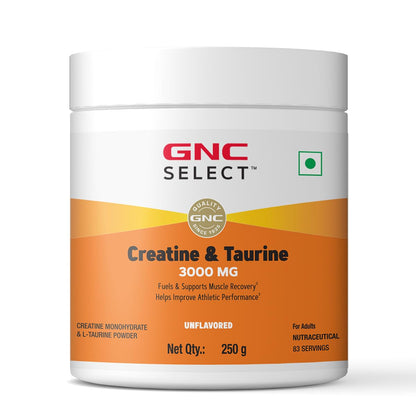 GNC Pure Micronized Creatine Monohydrate + Taurine | 250 gm | 83 Serving | Unflavoured | Instantized | Fuels Muscles | Increase Muscle Mass | Rapid Absorption | Faster Muscle Building| Lab Tested | Faster Muscle Recovery| Boost Performance | Imported