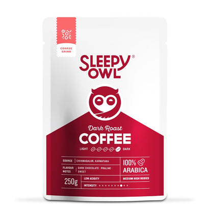 Sleepy Owl Dark Roast Ground Coffee for French Press | 100% Arabica | Coarse Grind Coffee | Also Suitable for Cold Brew Coffee | 250g | Directly Sourced From Chikmagalur